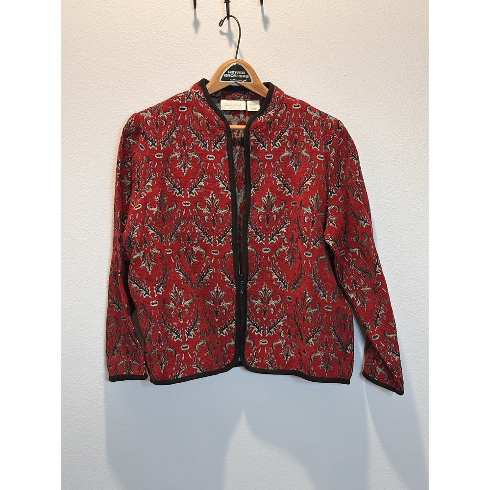 Studio Works Red Black Silver Jacket Blazer Top-Chenille‎ Type Tapestry-Zip-PL
